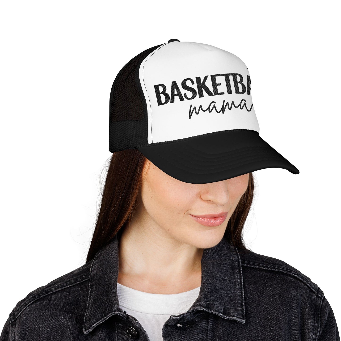 Black Embroidered Basketball Mama Trucker Hat